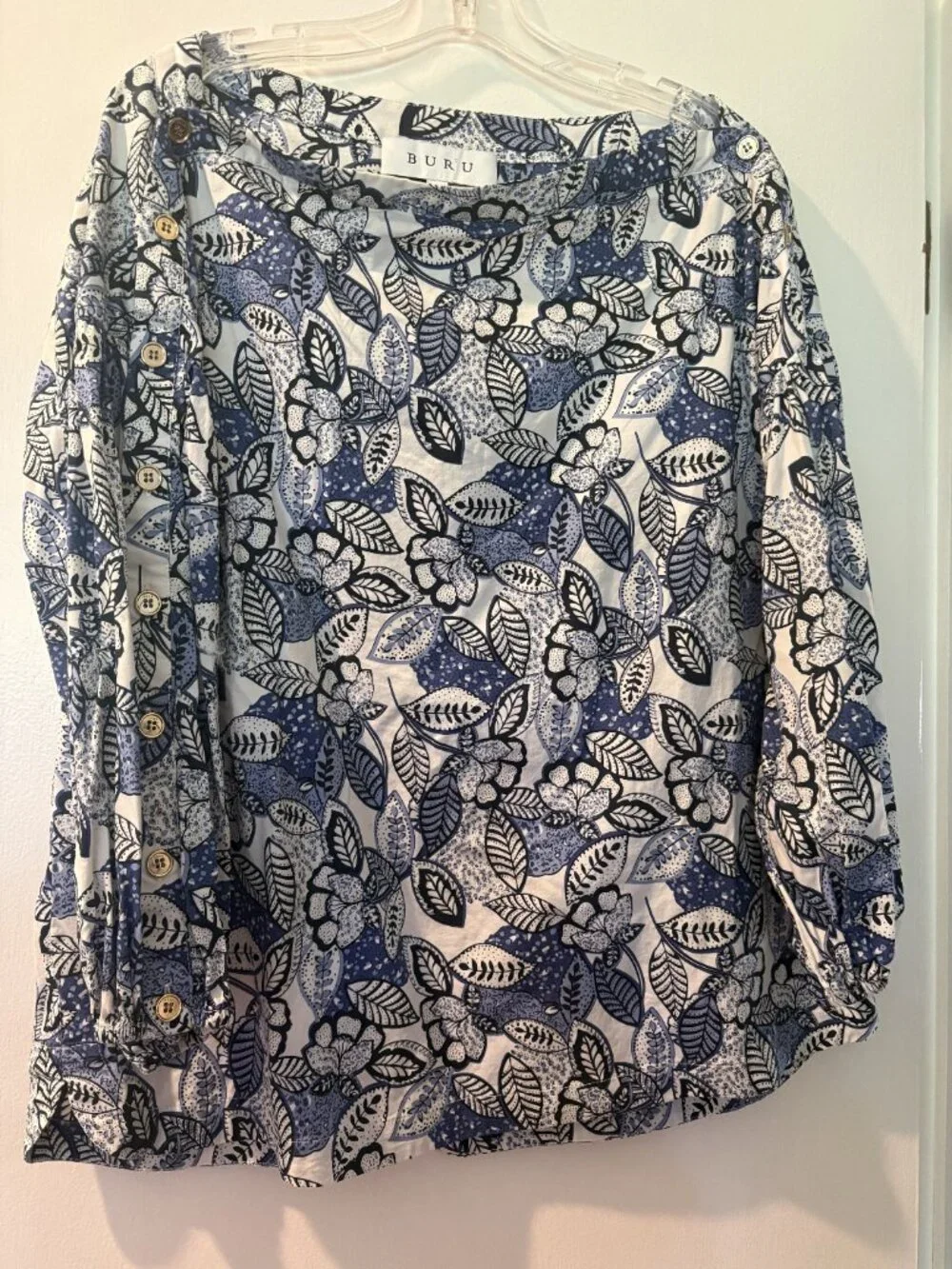 BURU Button Sleeve Blouse and Smocked Waist Mini Skirt in Blue Leaves Size 1X